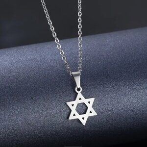 Stainless Steel Silvertone Star of David Necklace & Post Earring Set - NEW